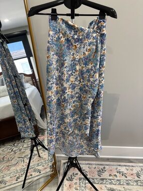 Lush Blue and Tan Watercolor Floral High-low Midi Skirt